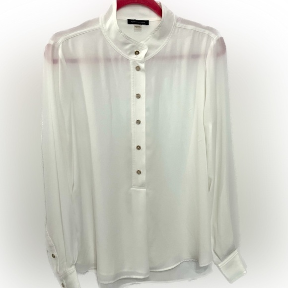 Tommy Hilfiger classy gold button sheer pullover blouse lined long sleeve. M - Picture 1 of 7